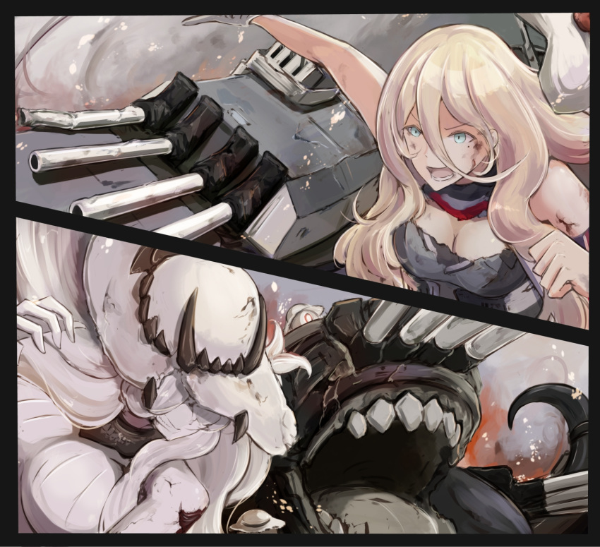 2girls beret blonde_hair blue_eyes blush breasts broken broken_weapon closed_mouth fire french_battleship_hime hair_between_eyes hat highres horns kantai_collection large_breasts long_hair mizuchi_(mizuchi7118) multiple_girls open_mouth pale_skin richelieu_(kantai_collection) scarf smile smoke torn_clothes turret weapon