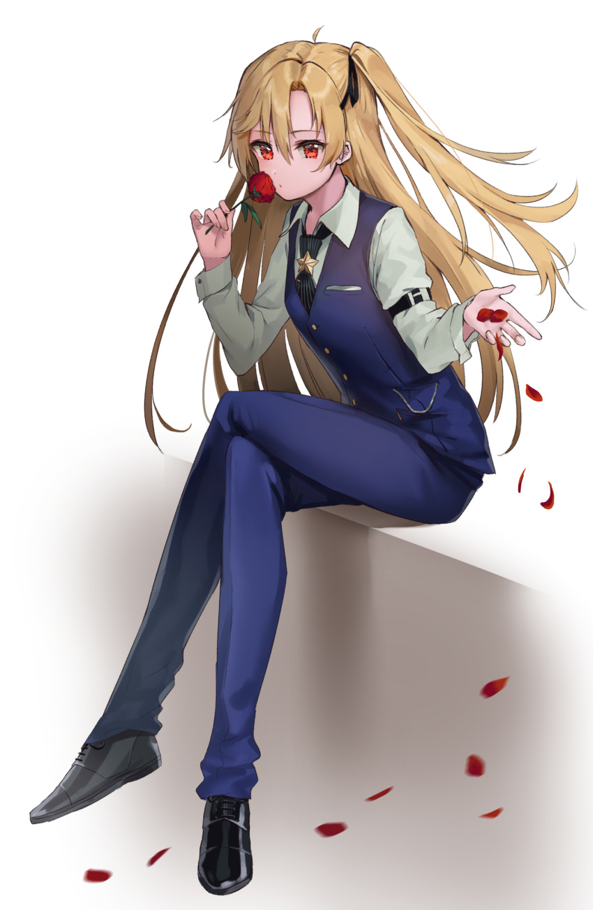 1girl azur_lane bangs black_footwear black_neckwear blonde_hair blue_pants blue_vest cleveland_(azur_lane) closed_mouth collared_shirt commentary_request eyebrows_visible_through_hair fingernails flower full_body hair_between_eyes highres holding holding_flower kiyosato0928 legs_crossed long_hair long_sleeves looking_at_viewer one_side_up pants petals red_eyes red_flower red_rose rose rose_petals shirt shoes sitting solo striped striped_neckwear vertical-striped_neckwear vertical_stripes very_long_hair vest white_background white_shirt