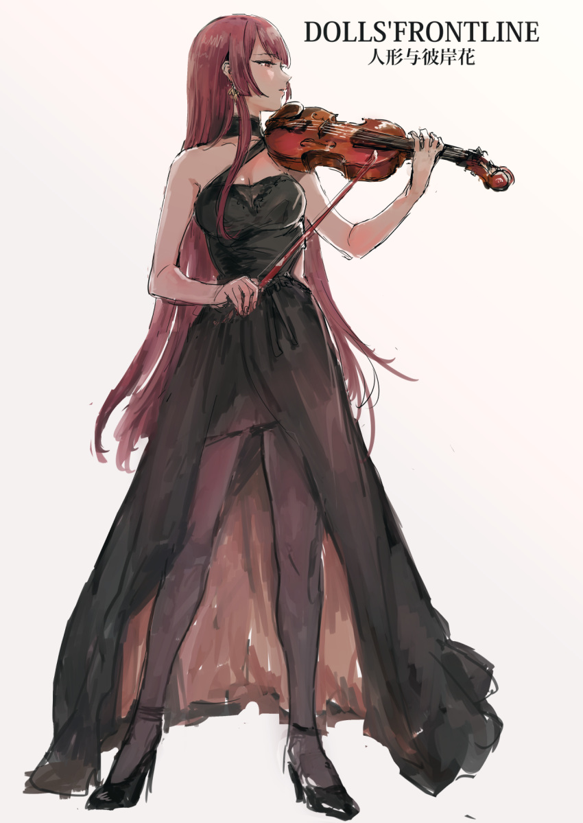 1girl bangs bare_shoulders black_dress blunt_bangs breasts cleavage dress evening_gown full_body girls_frontline high_heels highres instrument long_hair medium_breasts music osakana_(denpa_yun'yun) pantyhose playing_instrument purple_hair red_eyes simple_background solo standing very_long_hair violin wa2000_(girls_frontline) white_background