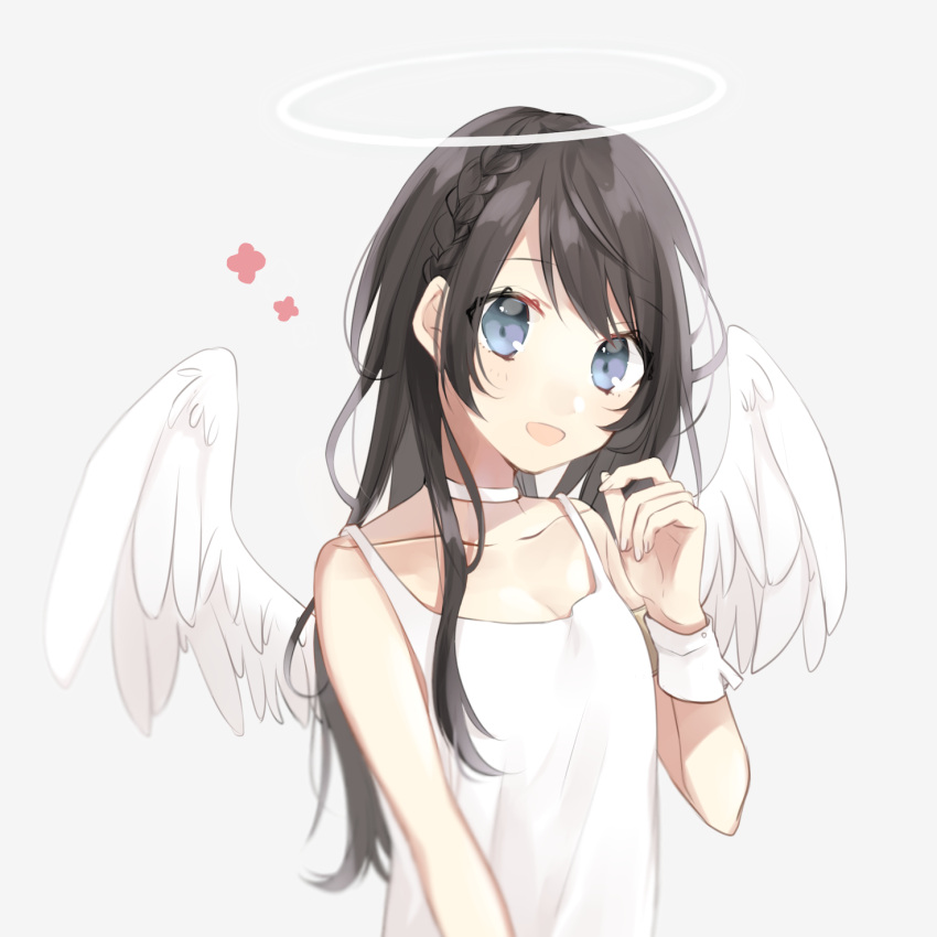 1girl :d angel angel_wings bangs black_hair blue_eyes braid collarbone commentary_request crown_braid dress eyebrows_visible_through_hair feathered_wings fingernails grey_background hachimitsu_honey hair_between_eyes halo hand_up head_tilt highres long_hair looking_at_viewer open_mouth original sidelocks sleeveless sleeveless_dress smile solo very_long_hair white_dress white_wings wings wrist_cuffs