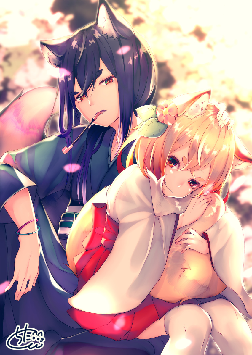 1boy 1girl animal_ear_fluff animal_ears bangs black_kimono blush child chita_(ketchup) closed_mouth commentary_request eyebrows_visible_through_hair fingernails flower fox_ears fox_girl fox_tail hair_between_eyes hair_flower hair_ornament hand_on_another's_head head_tilt highres japanese_clothes kimono kiseru light_brown_hair long_hair long_sleeves mouth_hold obi original parted_lips pipe pleated_skirt purple_hair red_flower red_skirt sash short_eyebrows short_kimono signature sitting skirt smile tail tail_hug tail_raised thick_eyebrows thigh-highs white_kimono white_legwear wide_sleeves