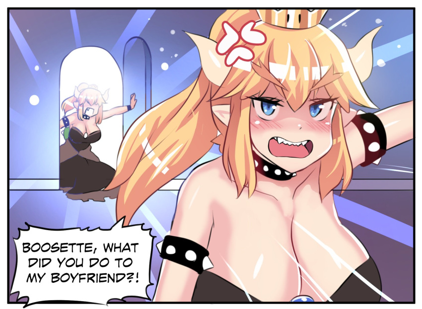 1girl anger_vein black_dress blue_eyes blush bowsette breasts collar crown door dress earrings english fangs highres hinghoi horns jewelry large_breasts long_hair luigi's_mansion super_mario_bros. new_super_mario_bros._u_deluxe nintendo open_door open_mouth sharp_teeth shell speech_bubble super_crown teeth thick_eyebrows turtle_shell