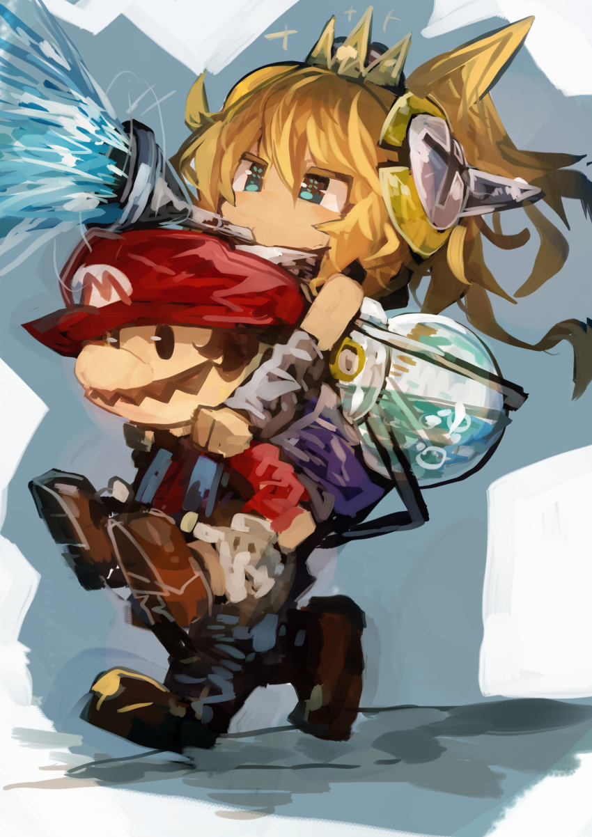 1boy 1girl absurdres bangs bare_shoulders blonde_hair blue_overalls brown_footwear carrying commentary_request detached_sleeves f.l.u.d.d. facial_hair gloves green_eyes hat headgear highres hose_nozzle kaamin_(mariarose753) long_ponytail mario super_mario_bros. mustache new_super_mario_bros._u_deluxe nintendo personification piggyback red_hat red_shirt shirt spraying super_crown super_mario_sunshine transparent water water_tank white_gloves |_|