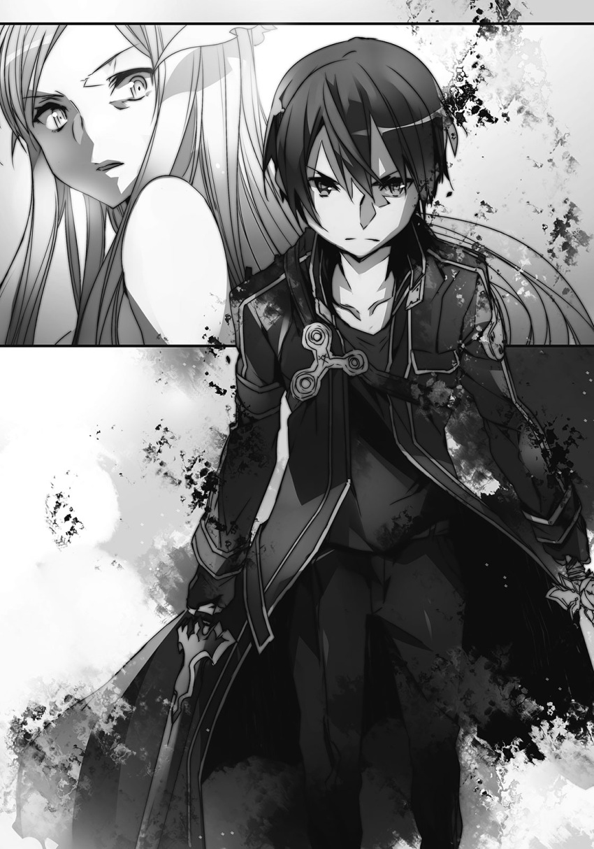 1boy 1girl administrator_(sao) bangs collarbone dual_wielding fingerless_gloves gloves greyscale highres holding holding_sword holding_weapon kirito looking_at_viewer looking_back monochrome novel_illustration official_art open_mouth pants parted_bangs shirt standing sword sword_art_online weapon