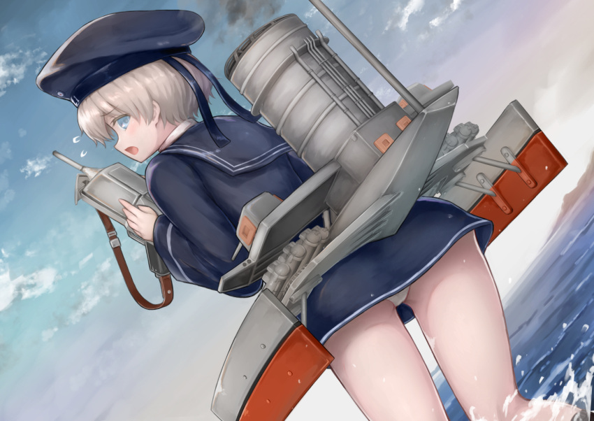1girl ass blue_eyes blue_sky blush cannon clothes_writing clouds cloudy_sky dress embarrassed german_clothes hat horizon kantai_collection long_sleeves looking_back machinery military_hat neckerchief ocean oonaka_ito panties peaked_cap rigging sailor_collar sailor_dress sailor_hat short_hair silver_hair sky smoke smokestack solo thighs torpedo_tubes turret underwear white_panties z1_leberecht_maass_(kantai_collection)