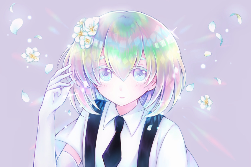 1other androgynous colored_eyelashes crystal_hair diamond_(houseki_no_kuni) elbow_gloves flower gem_uniform_(houseki_no_kuni) gloves glowing glowing_hair hair_flower hair_ornament houseki_no_kuni kanade_00xx looking_at_viewer multicolored_hair necktie nekotamago rainbow_hair short_hair smile solo sparkle suspenders thick_eyebrows upper_body white_eyes