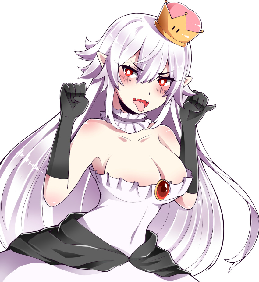 1girl black_gloves blush breasts choker cleavage crown dress fangs frilled_choker frills ghost_pose gloves highres kimchiloid large_breasts long_hair looking_at_viewer luigi's_mansion super_mario_bros. mini_crown new_super_mario_bros._u_deluxe nintendo pale_skin princess_king_boo red_eyes solo strapless strapless_dress super_crown tilted_headwear tongue tongue_out upper_body very_long_hair waist_cape white_hair