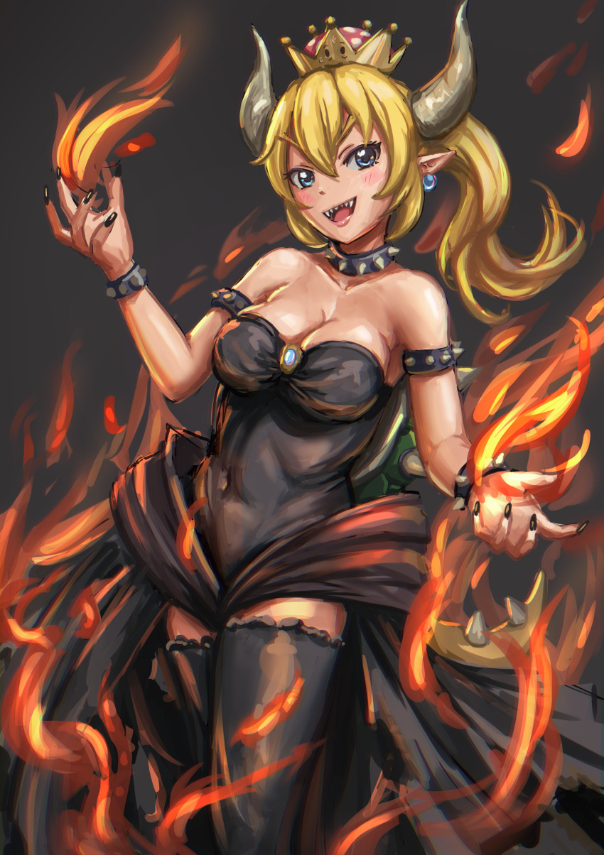 1girl absurdres armlet black_dress black_legwear black_nails blonde_hair blush borrowed_design bowsette bracelet breasts cleavage collar covered_navel cowboy_shot crown dress earrings fire flame grey_background hair_between_eyes highres horns jewelry long_hair super_mario_bros. medium_breasts mikazukiblue nail_polish new_super_mario_bros._u_deluxe nintendo pointy_ears ponytail sharp_teeth solo spiked_armlet spiked_bracelet spiked_collar spiked_shell spiked_tail spikes strapless strapless_dress super_crown sweatdrop tail teeth thigh-highs transformation turtle_shell zettai_ryouiki