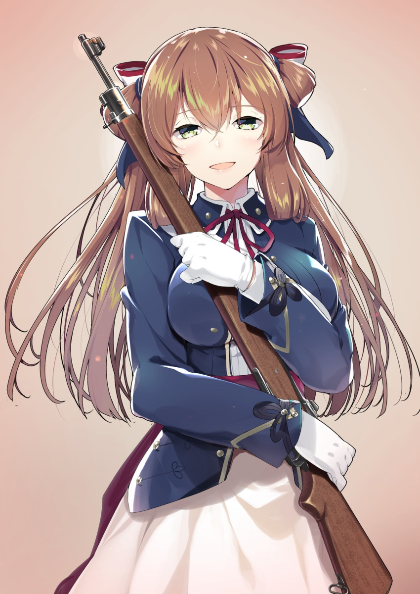 1girl akahito american_flag bangs blazer blush bolt_action breasts brown_hair cleavage commentary cowboy_shot dress eyebrows_visible_through_hair girls_frontline gloves green_eyes gun hair_between_eyes hair_ribbon hair_rings head_tilt highres holding holding_gun holding_weapon jacket large_breasts long_hair long_sleeves looking_at_viewer m1903_springfield m1903_springfield_(girls_frontline) open_mouth ribbon rifle sash shirt sidelocks simple_background smile solo tareme twintails weapon white_dress