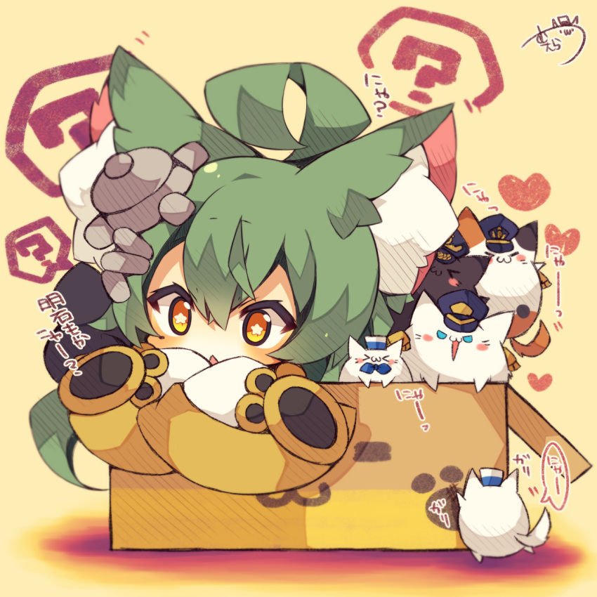 &gt;_&lt; 1girl :3 ? ahoge akashi_(azur_lane) animal_ear_fluff animal_ears azur_lane bangs blue_eyes blush box cardboard_box cat cat_ears chibi closed_mouth dress eyebrows_visible_through_hair green_hair hair_between_eyes heart highres in_box in_container long_hair long_sleeves muuran orange_hair parted_lips signature sleeves_past_fingers sleeves_past_wrists solo spoken_question_mark star star-shaped_pupils symbol-shaped_pupils translated white_dress wide_sleeves