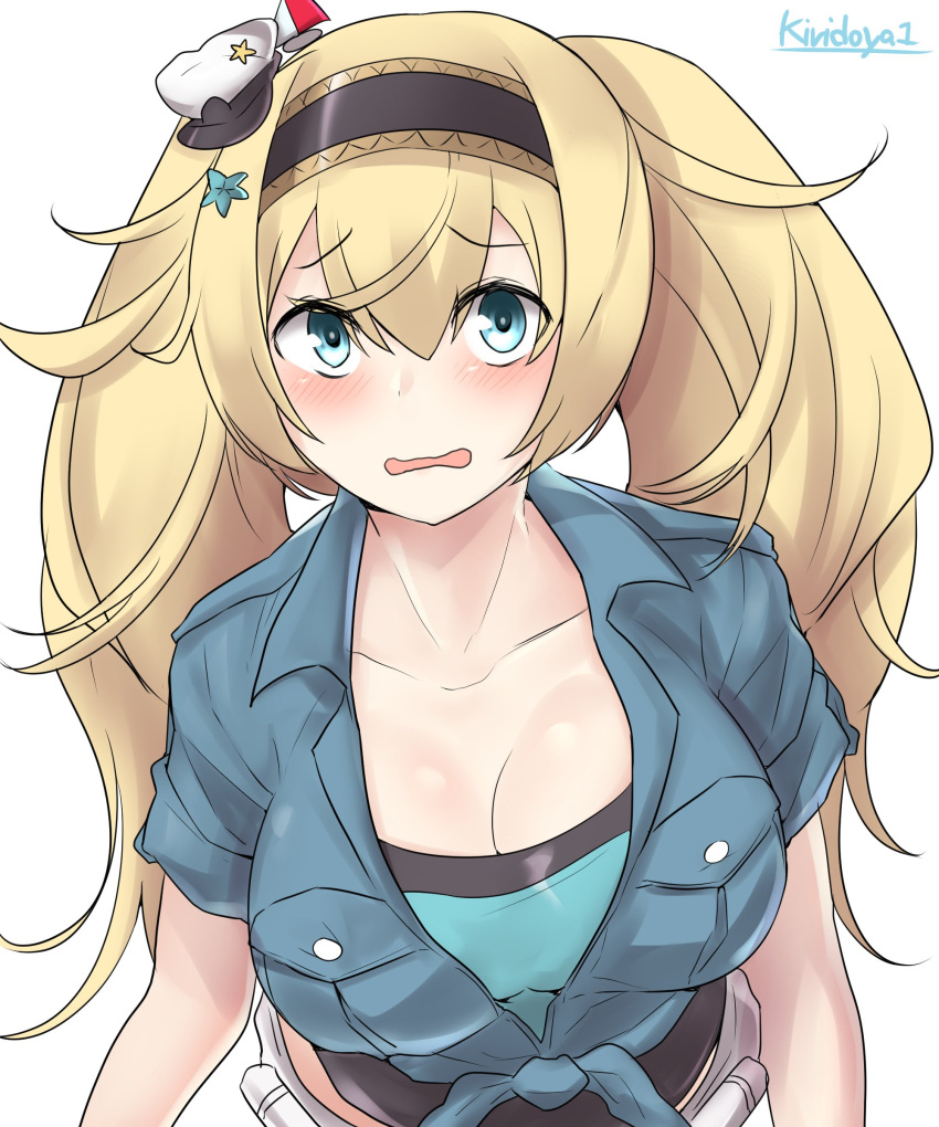 1girl absurdres blonde_hair blue_eyes blue_shirt breast_pocket breasts cleavage collarbone collared_shirt gambier_bay_(kantai_collection) hair_ornament hairband highres kantai_collection kiritto large_breasts looking_at_viewer open_clothes open_mouth open_shirt pocket shirt short_sleeves simple_background solo tied_shirt twintails upper_body white_background