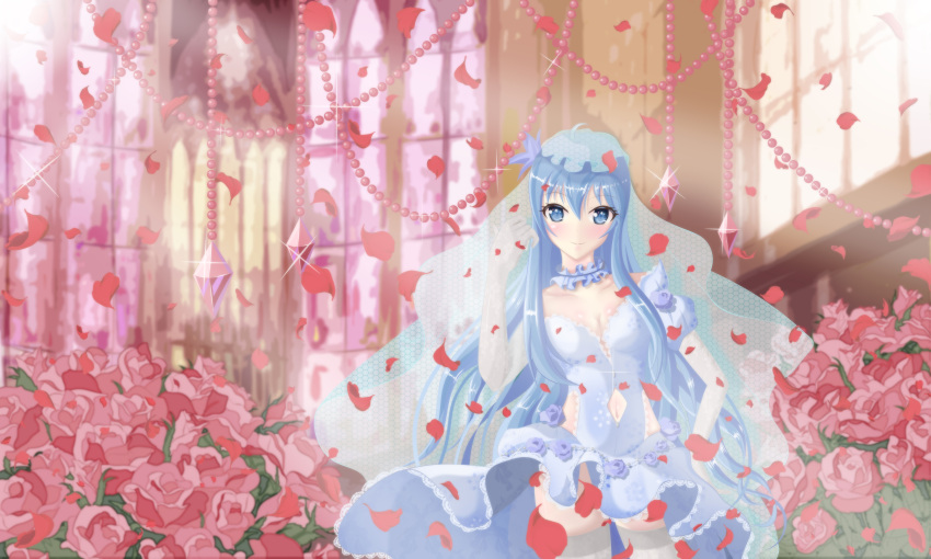 1girl absurdres aoki_hagane_no_arpeggio bare_shoulders blue_eyes blue_hair blue_wedding_dress blush breasts bridal_veil choker church cleavage collarbone commentary_request dress flower friled_dress frilled_choker frills highres long_hair looking_at_viewer lzphhhh medium_breasts off-shoulder_dress off_shoulder petals pink_flower pink_rose rose rose_petals short_sleeves smile solo takao_(aoki_hagane_no_arpeggio) veil very_long_hair