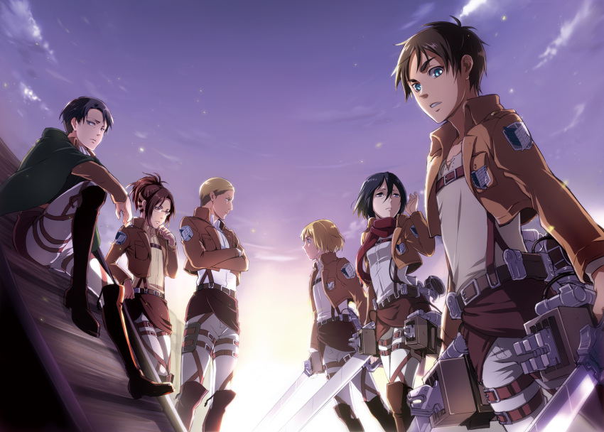 2girls 4boys armin_arlert belt black_hair blonde_hair blue_eyes blue_sky character_request clouds collarbone crossed_arms day dual_wielding eren_yeager from_below glasses green_capelet grey_pants grey_shirt hand_on_hip hange_zoe highres holding holding_sword holding_weapon levi_(shingeki_no_kyojin) looking_at_viewer mikasa_ackerman military military_uniform multiple_boys multiple_girls null_(chronix) outdoors pants paradis_military_uniform parted_lips ponytail red_scarf scarf shingeki_no_kyojin shirt short_hair sitting sky standing sword three-dimensional_maneuver_gear uniform weapon