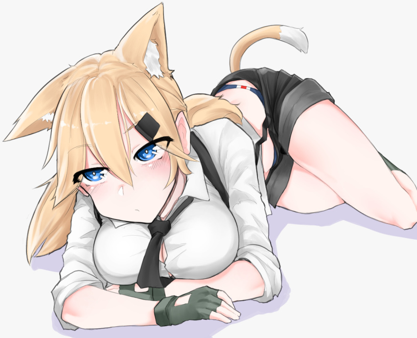1girl animal_ears bangs black_neckwear blonde_hair blue_eyes blush breast_hold breasts cat_ears closed_mouth collared_shirt commentary_request eyebrows_visible_through_hair girls_frontline gloves hair_between_eyes hair_ornament hairclip idw_(girls_frontline) kongthegrain long_hair looking_at_viewer medium_breasts necktie shirt short_shorts shorts simple_background solo suspenders swimsuit swimsuit_under_clothes tail thighs twintails white_shirt
