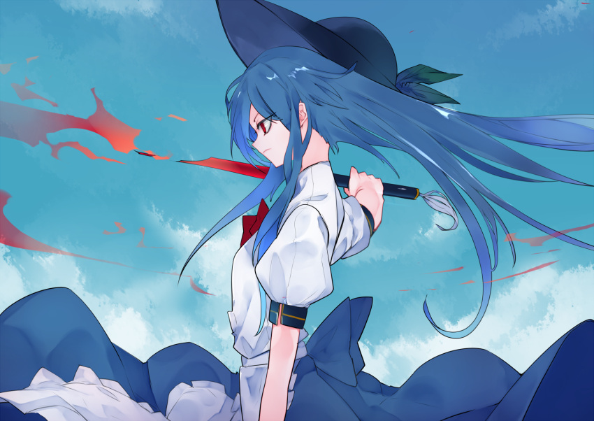 1girl blue_hat clouds hat hinanawi_tenshi holding ikurauni long_hair long_skirt looking_away short_sleeves skirt sky solo standing touhou