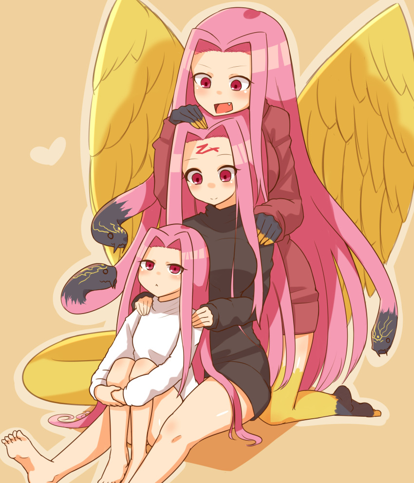 3girls :&lt; absurdres barefoot black_sweater blush breasts facial_mark fang fate/grand_order fate/hollow_ataraxia fate/stay_night fate_(series) feathered_wings forehead_mark gorgon gorgon_(fate) hair_intakes hand_on_another's_head hand_on_another's_shoulder highres large_breasts long_hair makano_mucchi medusa_(fate)_(all) medusa_(lancer)_(fate) monster_girl multiple_girls multiple_persona mutti1057 open_mouth purple_hair rider scales snake_hair sweater tail thighs very_long_hair white_sweater wings
