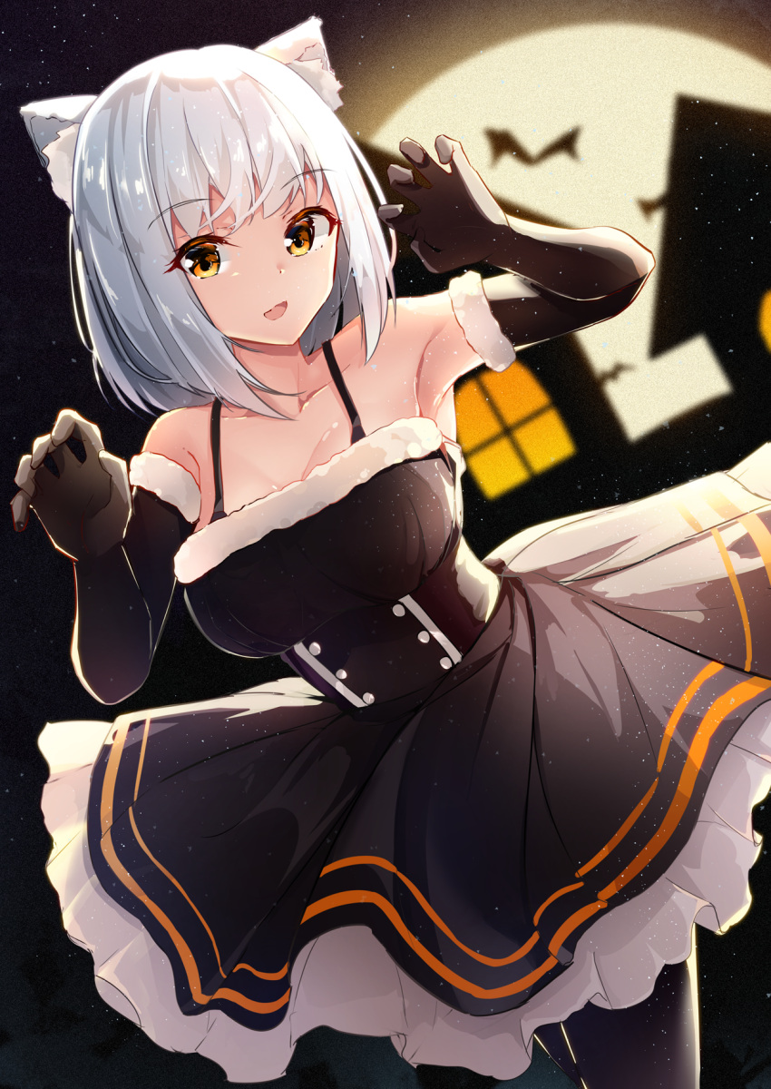 1girl :d animal animal_ear_fluff animal_ears armpits bangs bare_shoulders bat black_dress black_gloves black_legwear blurry blurry_background blush breasts brown_eyes building cat_ears claw_pose collarbone commentary_request cucchiore depth_of_field dress elbow_gloves eyebrows_visible_through_hair fang full_moon fur-trimmed_dress fur-trimmed_gloves fur_trim gloves grey_hair halloween highres looking_at_viewer medium_breasts moon open_mouth original pantyhose pleated_dress sleeveless sleeveless_dress smile solo window