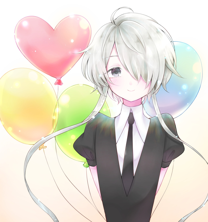 1other ahoge androgynous arms_behind_back balloon colored_eyelashes gem_uniform_(houseki_no_kuni) ghost_quartz_(houseki_no_kuni) grey_eyes grey_hair hair_over_one_eye highres houseki_no_kuni kanade_00xx looking_at_viewer necktie nekotamago short_hair_with_long_locks smile solo upper_body white_hair