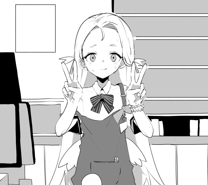 1girl absurdres apron blue_archive blush bow closed_mouth collared_shirt ddari double_v forehead greyscale hands_up highres indoors long_hair low_wings mini_wings monochrome scrunchie shirt short_eyebrows short_sleeves solo sora_(blue_archive) standing strap_slip striped striped_bow sweat thick_eyebrows two_side_up v very_long_hair wings wrist_scrunchie