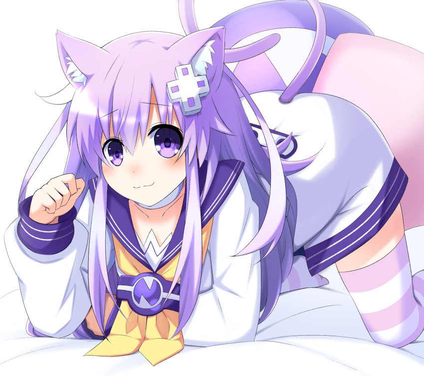 1girl :3 all_fours animal_ears bent_over blush cat_ears cat_tail choker collarbone d-pad d-pad_hair_ornament doria_(5073726) dress hair_between_eyes hair_ornament hand_up highres long_hair long_sleeves looking_at_viewer neckerchief nepgear neptune_(series) paw_pose purple_hair sailor_dress solo striped striped_legwear tail thigh-highs violet_eyes white_choker yellow_neckwear