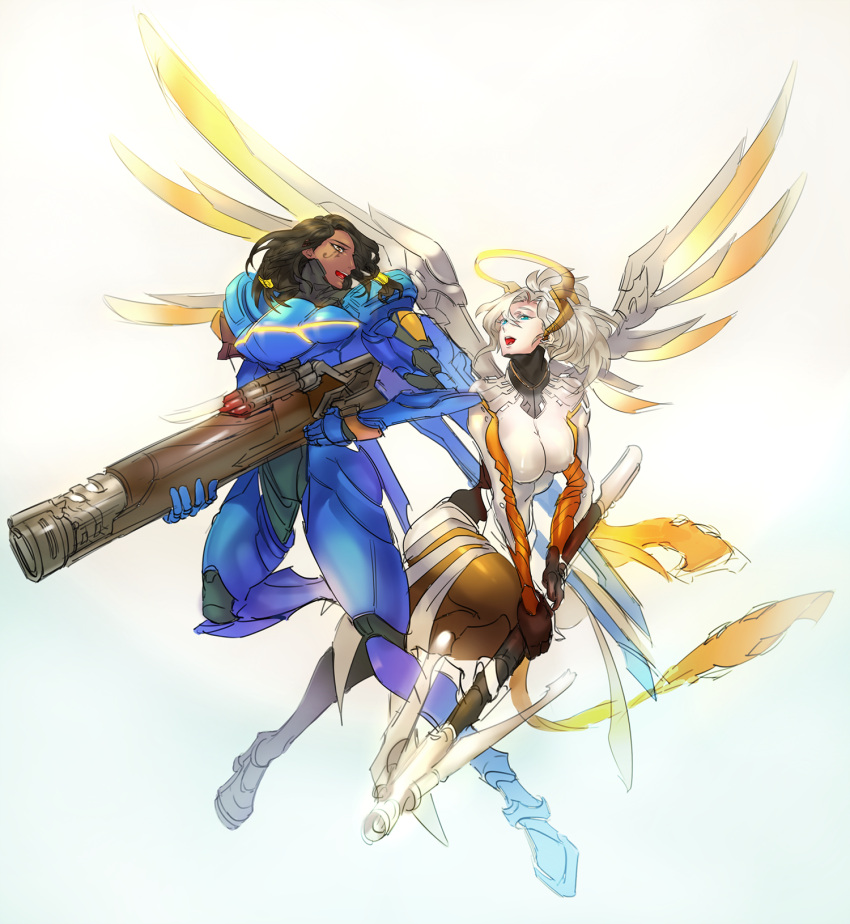 2girls armor armored_boots black_gloves blonde_hair bodysuit boots braid breasts dark_skin erect_nipples faulds gauntlets gloves greaves gun high_heel_boots high_heels highres holding holding_gun holding_staff holding_weapon jetpack knee_boots large_breasts long_hair looking_at_another mechanical_halo mechanical_wings mercy_(overwatch) multiple_girls onedkkkduck open_mouth overwatch pantyhose pauldrons pelvic_curtain pharah_(overwatch) ponytail power_armor power_suit rocket_launcher short_hair shoulder_pads side_braids sidelocks simple_background smile spread_wings staff thrusters turtleneck weapon white_background wings yellow_wings