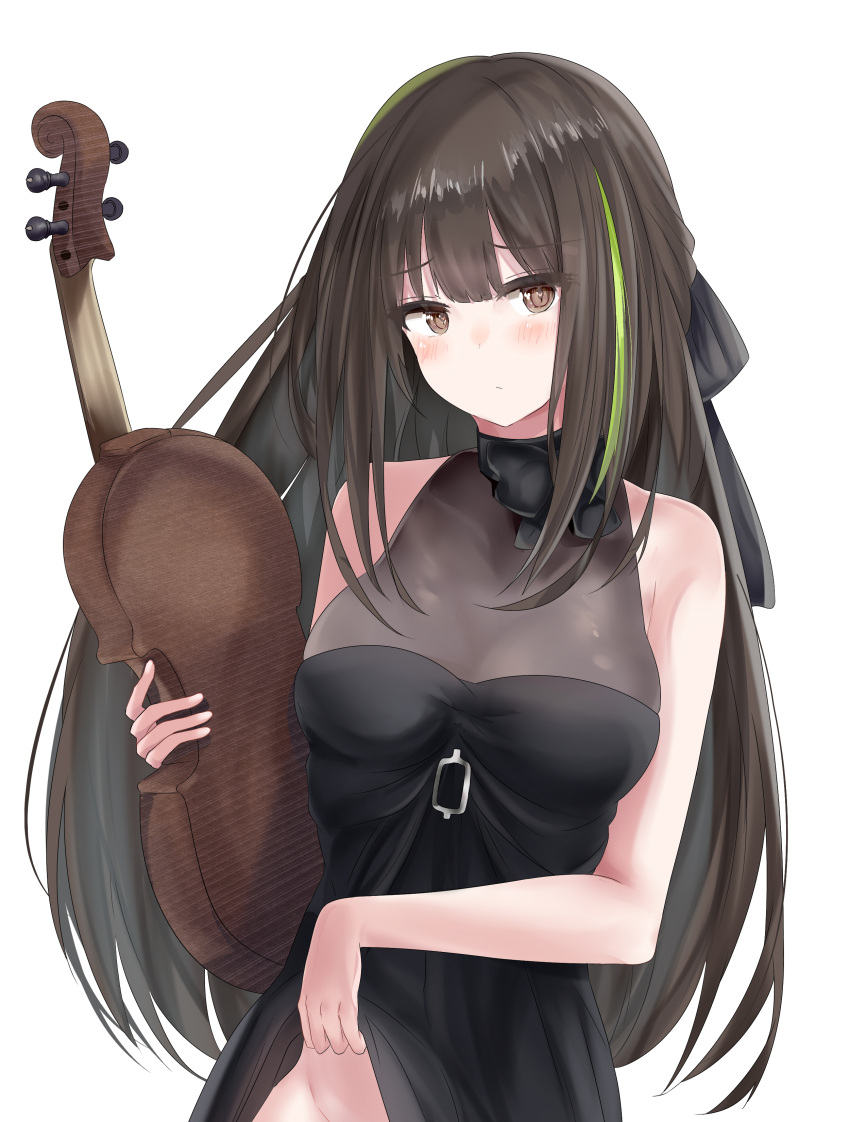 1girl absurdres alternate_costume bangs bare_shoulders black_ribbon blush breasts brown_eyes brown_hair closed_mouth cowboy_shot dress dress_lift eyebrows_visible_through_hair girls_frontline green_hair groin hair_between_eyes hair_ribbon halter_dress heart heart-shaped_pupils highres holding holding_instrument instrument lifted_by_self long_hair looking_at_viewer m4a1_(girls_frontline) medium_breasts multicolored_hair ribbon ru_zhai sidelocks simple_background solo standing streaked_hair symbol-shaped_pupils white_background