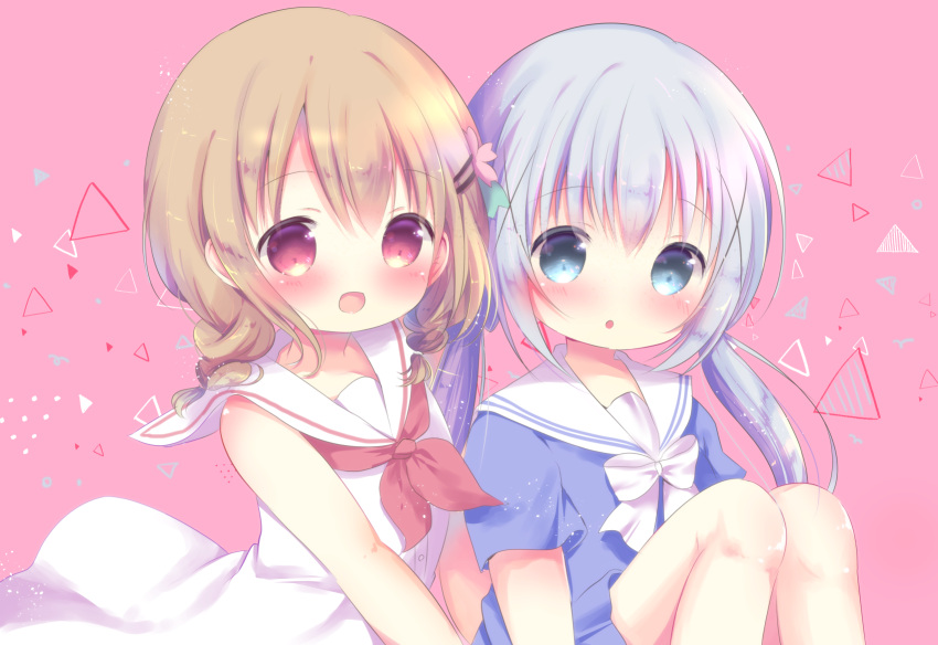 2girls :o bangs blue_dress blue_eyes blue_hair blush bow commentary_request dress eyebrows_visible_through_hair gochuumon_wa_usagi_desu_ka? hair_between_eyes hair_ornament highres hoto_cocoa kafuu_chino light_brown_hair long_hair looking_at_viewer low_twintails multiple_girls neckerchief parted_lips pink_background red_eyes red_neckwear rin_(fuwarin) sailor_collar short_sleeves sleeveless sleeveless_dress twintails very_long_hair white_bow white_dress white_sailor_collar x_hair_ornament