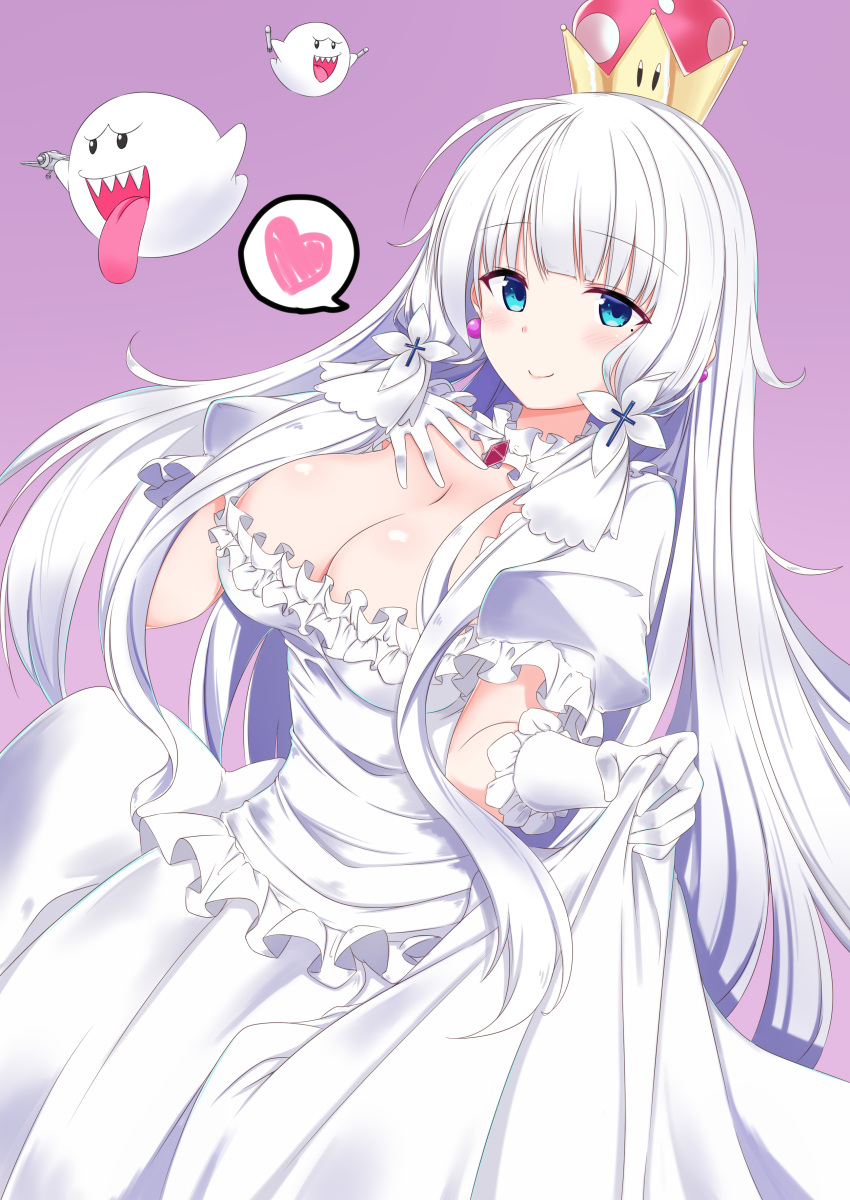 1girl absurdres azur_lane bangs blue_eyes blush breasts cleavage cosplay crown dress dress_lift elbow_gloves eyebrows_visible_through_hair frilled_gloves frills ghost gloves hair_ornament heart highres illustrious_(azur_lane) jewelry large_breasts lifted_by_self long_hair looking_at_viewer low_twintails mamizu mole mole_under_eye princess_king_boo princess_king_boo_(cosplay) puffy_short_sleeves puffy_sleeves purple_background short_sleeves simple_background smile solo spoken_heart super_crown twintails white_dress white_gloves white_hair