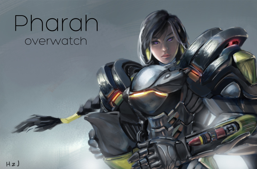 1girl absurdres black_hair character_name dark_skin eye_of_horus eyelashes facial_tattoo hair_tubes headwear_removed helmet helmet_removed highres lips long_hair missile nose overwatch peter_hu_zhi_jian pharah_(overwatch) power_armor solo tattoo tsurime violet_eyes