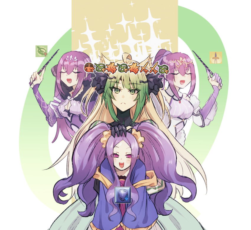 4girls ahoge animal_ears atalanta_(fate) blonde_hair closed_eyes fate/grand_order fate_(series) gameplay_mechanics gradient_hair green_eyes green_hair lion_ears multicolored_hair multiple_girls purple_hair scathach_(fate)_(all) scathach_skadi_(fate/grand_order) scrunchie twintails violet_eyes wand wide_sleeves wu_zetian_(fate/grand_order)