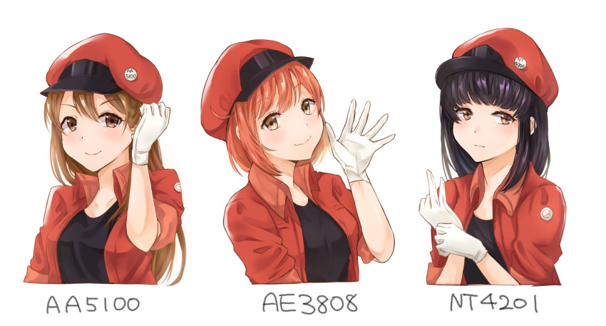 3girls aa-5100 adjusting_hair ae-3803 ahoge black_hair black_shirt breasts brown_eyes brown_hair cabbie_hat character_name gloves hat hataraku_saibou highres jacket long_hair looking_at_viewer medium_breasts multiple_girls name_tag nt-4201 red_blood_cell_(hataraku_saibou) red_hat red_jacket redhead shirt short_hair simple_background small_breasts smile t-shirt upper_body waving white_background white_gloves yumeha_tseru