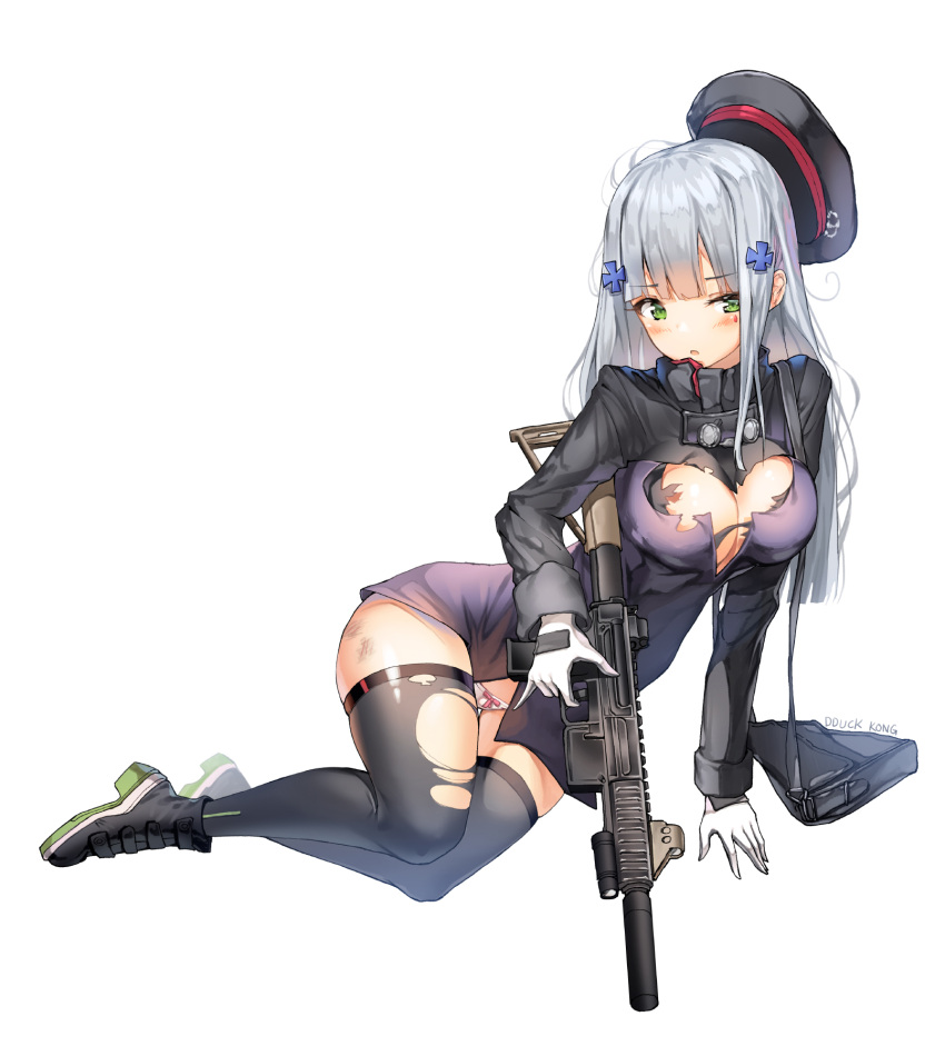 1girl :o assault_rifle bag bangs beret black_footwear black_hat blush boots bow bow_panties breasts cleavage commentary eyebrows_visible_through_hair facial_mark finger_on_trigger girls_frontline gloves green_eyes grey_legwear gun hair_ornament hat hat_removed head_tilt headwear_removed heckler_&amp;_koch highres hk416 hk416_(girls_frontline) holding holding_gun holding_weapon jacket large_breasts lee_seok_ho long_hair long_sleeves looking_at_viewer object_namesake panties parted_lips purple_jacket rifle shoulder_bag signature silver_hair simple_background solo thigh-highs torn_clothes torn_jacket torn_thighhighs underwear weapon white_background white_gloves white_panties
