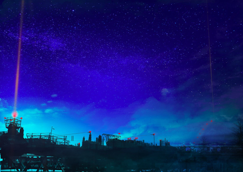 city_lights cityscape clouds dorayaki_d highres light_rays lights machinery night night_sky no_humans original scenery sky star_(sky) starry_sky structure town tree