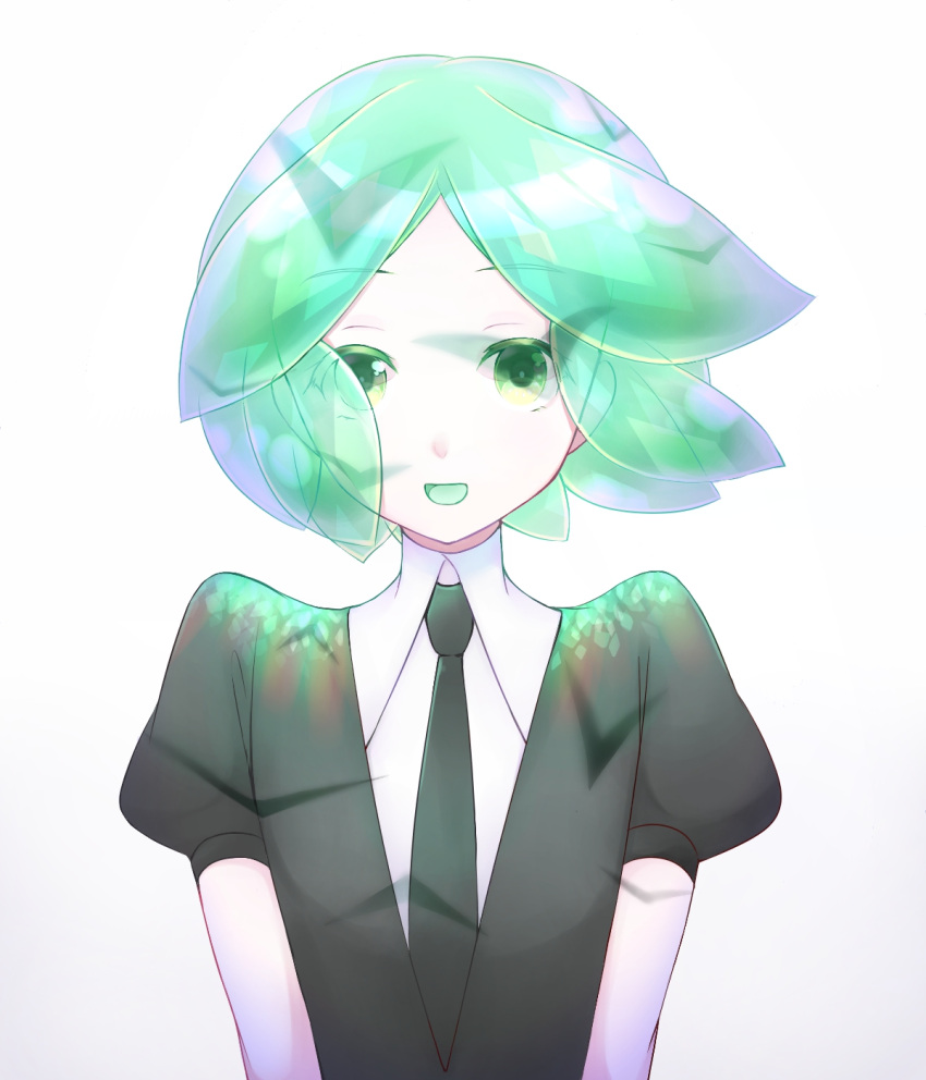 1other androgynous aqua_hair colored_eyelashes crystal_hair eyebrows_visible_through_hair eyes_visible_through_hair gem_uniform_(houseki_no_kuni) green_eyes green_hair highres houseki_no_kuni kanade_00xx looking_at_viewer necktie nekotamago open_mouth phosphophyllite short_hair smile solo upper_body white_skin