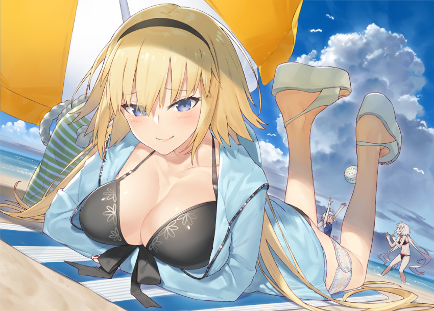 3girls ahoge arms_up ball bangs bare_arms bare_shoulders beach beach_umbrella beachball bikini black_bikini black_hairband blonde_hair blue_eyes blue_jacket blue_sky blue_swimsuit blush breasts cleavage closed_mouth clouds cloudy_sky commentary_request day dutch_angle eyebrows_visible_through_hair fate/grand_order fate_(series) hair_between_eyes hairband hayashi_kewi horizon jacket jeanne_d'arc_(alter_swimsuit_berserker) jeanne_d'arc_(fate)_(all) jeanne_d'arc_(swimsuit_archer) jeanne_d'arc_alter_santa_lily large_breasts long_hair long_sleeves lying multiple_girls ocean on_stomach one-piece_swimsuit open_clothes open_jacket outdoors platform_footwear sand sandals silver_hair sky smile standing swimsuit umbrella very_long_hair water white_footwear