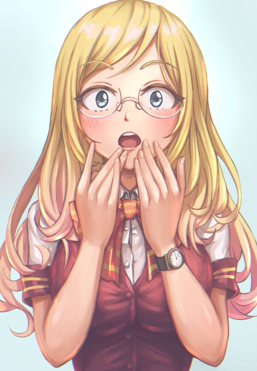 1girl :o absurdres bangs blazer blonde_hair blue_eyes blush boku_no_hero_academia bow bowtie breasts collared_shirt gasp glasses hands_on_own_face highres huge_filesize jacket long_hair looking_at_viewer medium_breasts melissa_shield mikazukiblue open_mouth round_eyewear shirt short_sleeves solo striped striped_bow swept_bangs upper_body upper_teeth watch