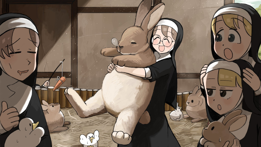 5girls :d :o animal animal_ears bird blonde_hair blue_eyes brown_hair carrot catholic chicken closed_eyes clumsy_nun_(diva) diva_(hyxpk) drooling duck english_commentary glasses glasses_nun_(diva) habit highres holding holding_animal holding_bunny hungry_nun_(diva) little_nuns_(diva) multiple_girls nose_bubble nun rabbit rabbit_ears round_eyewear smile spicy_nun_(diva) sweat sweating_profusely thumbs_up yellow_eyes