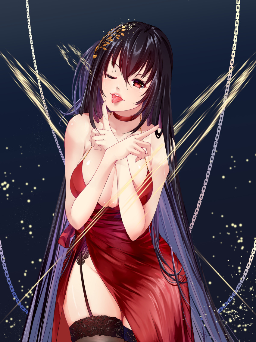 1girl :p absurdres azur_lane black_hair black_legwear breasts choker cleavage commentary_request dress garter_straps hair_ornament highres large_breasts long_hair looking_at_viewer one_eye_closed red_choker red_dress red_eyes side_slit solo spaghetti_strap taihou_(azur_lane) thigh-highs tongue tongue_out very_long_hair yople_star_man