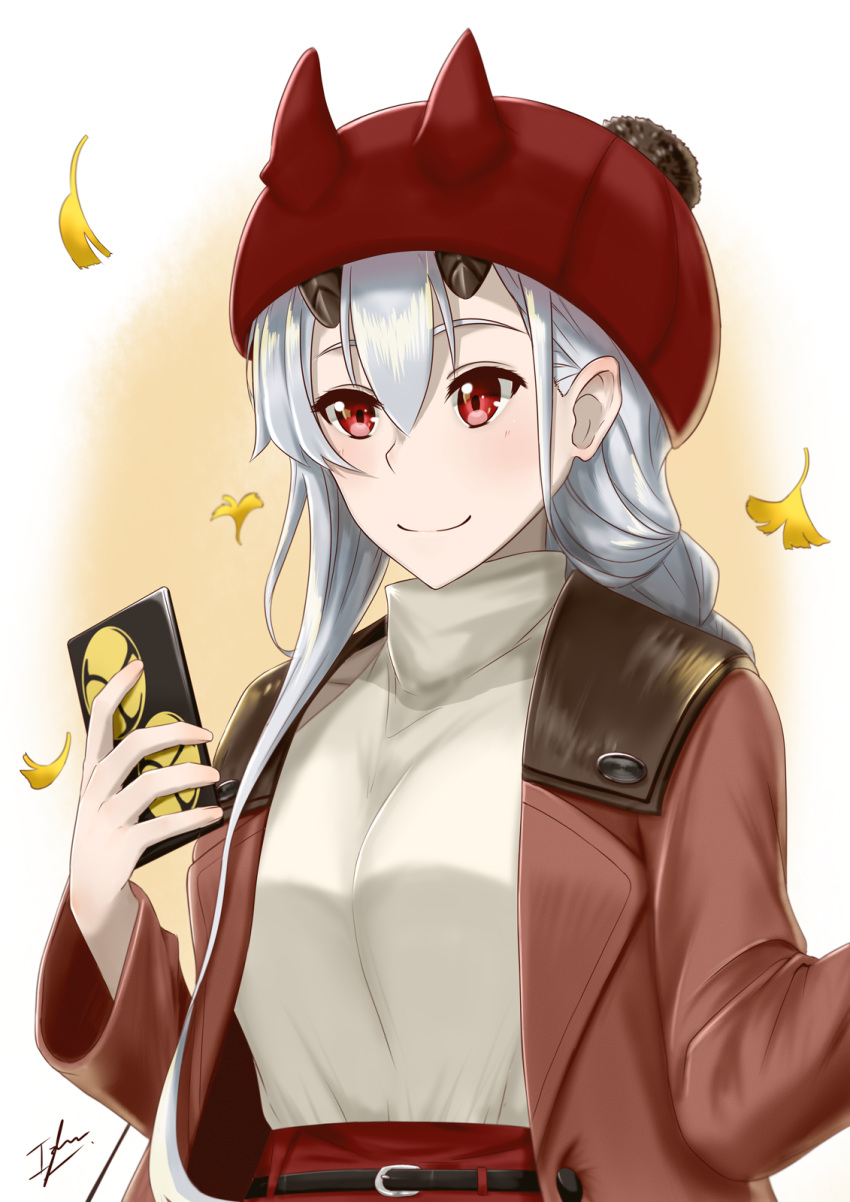 1girl cellphone coat commentary english_commentary fate/grand_order fate_(series) hair_between_eyes hat highres izham-zk9 leaf long_hair mitsudomoe_(shape) oni_horns open_clothes open_coat phone red_eyes red_hat signature silver_hair smartphone smile solo sweater tomoe_(symbol) tomoe_gozen_(fate/grand_order)