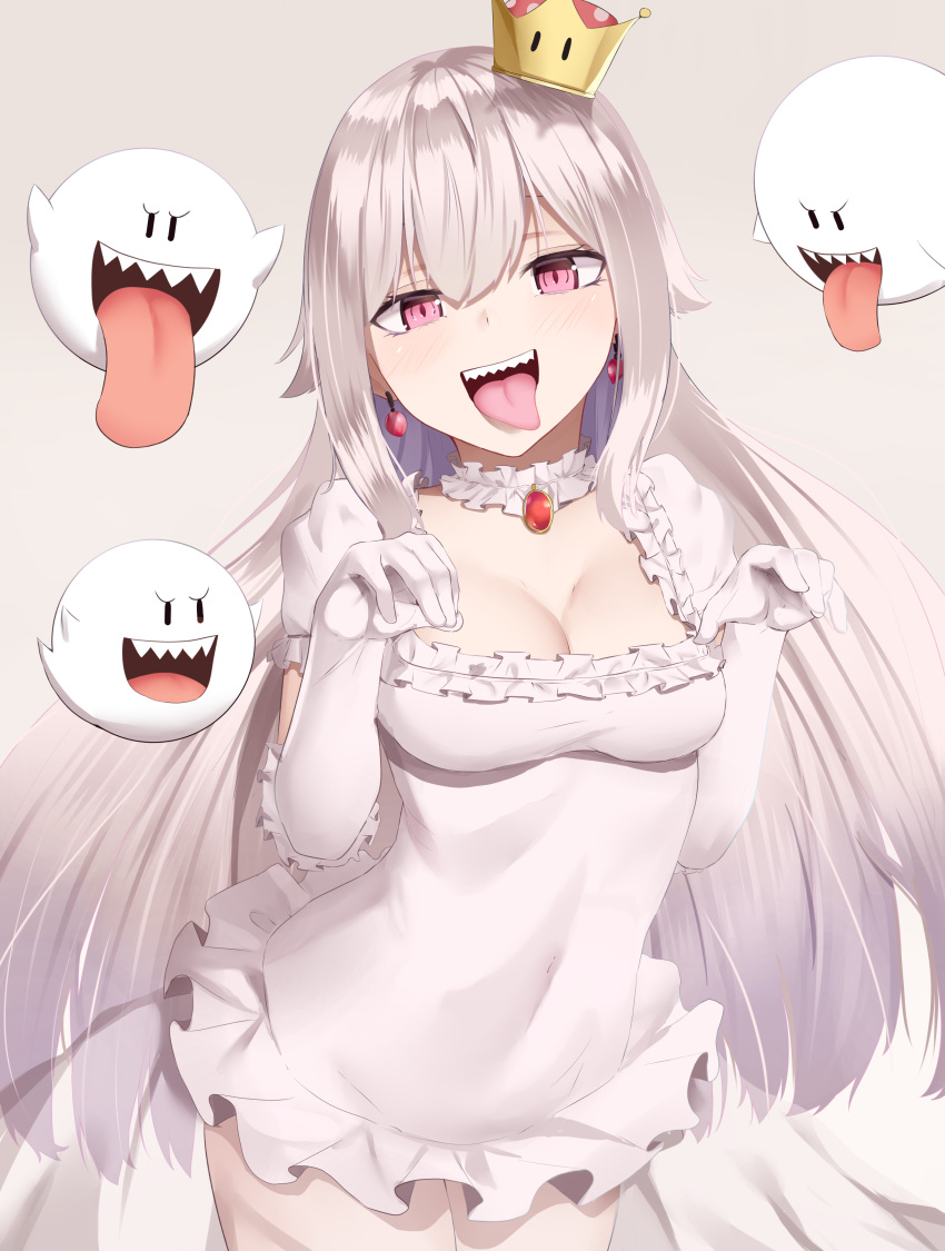 1girl absurdres blush boo breasts cleavage cowboy_shot dress elbow_gloves ghost_pose gloves highres large_breasts long_hair looking_at_viewer super_mario_bros. mengo new_super_mario_bros._u_deluxe nintendo open_mouth pink_eyes pointy_ears princess_king_boo sharp_teeth smile solo standing super_crown teeth tongue white_dress white_gloves white_hair