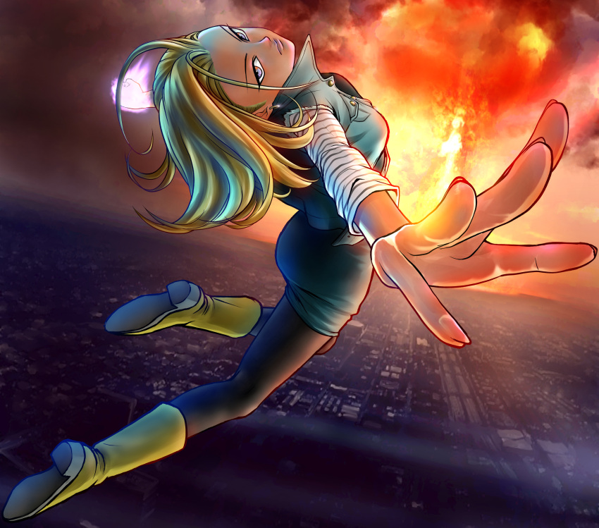 1girl absurdres android_18 ass black_legwear blonde_hair blue_eyes boots breasts city cityscape commentary_request dragon_ball dragonball_z dutch_angle energy expressionless eyebrows_visible_through_hair eyelashes fingernails fire floating_hair flying from_above full_body highres light_smile long_sleeves looking_at_viewer looking_back nagare_seiya outdoors outstretched_arms outstretched_hand skirt solo waistcoat
