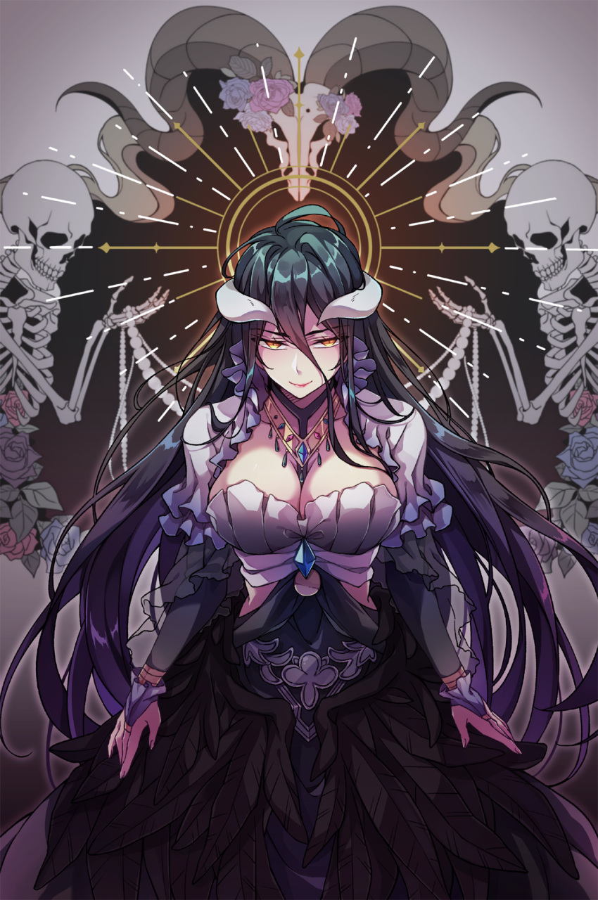 1girl albedo alternate_costume animal_skull artist_request black_hair black_wings breasts cleavage demon_horns dress feathered_wings flower flower_ornament frilled_dress frills glover hair_between_eyes halo highres horns jewelry large_breasts light_rays looking_at_viewer low_wings necklace overlord_(maruyama) rose sheep_horns skeleton slit_pupils smile wings yellow_eyes