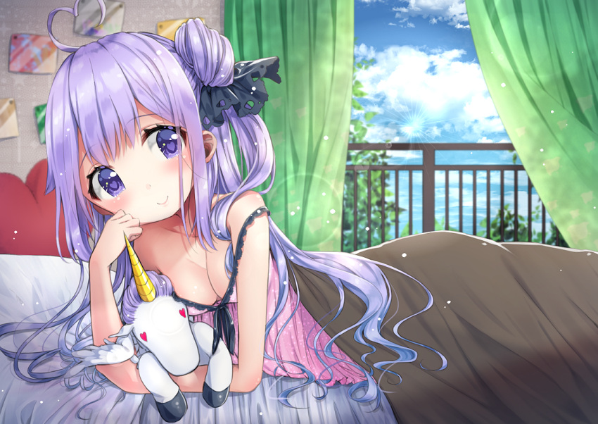 1girl azur_lane babydoll bare_shoulders bed black_ribbon blue_sky blush breasts cleavage closed_mouth clouds collarbone commentary_request curtains day hair_bun hair_ribbon hand_up heart heart_eyes indoors long_hair medium_breasts one_side_up pink_babydoll purple_hair railing ribbon sawa_(sawasaku) side_bun sky smile solo strap_slip stuffed_alicorn stuffed_animal stuffed_toy under_covers unicorn_(azur_lane) very_long_hair violet_eyes