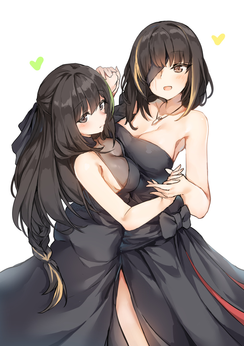 2girls absurdres alternate_costume armpits asymmetrical_docking bangs black_dress black_hair black_ribbon blonde_hair braid breast_press breasts brown_eyes brown_hair bullet cleavage collarbone dancing dress eyebrows_visible_through_hair eyepatch flying_heart girls_frontline green_hair hair_between_eyes hair_over_shoulder hair_ribbon halter_dress hand_holding hansal highres jewelry long_hair looking_at_viewer m16a1_(girls_frontline) m4a1_(girls_frontline) medium_breasts mole mole_under_eye multicolored_hair multiple_girls necklace open_mouth ribbon scar sidelocks simple_background single_braid smile strapless strapless_dress streaked_hair white_background