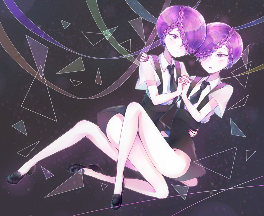 2others amethyst_(houseki_no_kuni) androgynous asymmetrical_hair braid colored_eyelashes crystal_hair full_body gem_uniform_(houseki_no_kuni) hair_over_one_eye hand_holding hand_on_another's_hip hand_on_another's_shoulder highres houseki_no_kuni interlocked_fingers kanade_00xx looking_at_another multiple_others necktie nekotamago purple_hair siblings smile suspenders twins violet_eyes