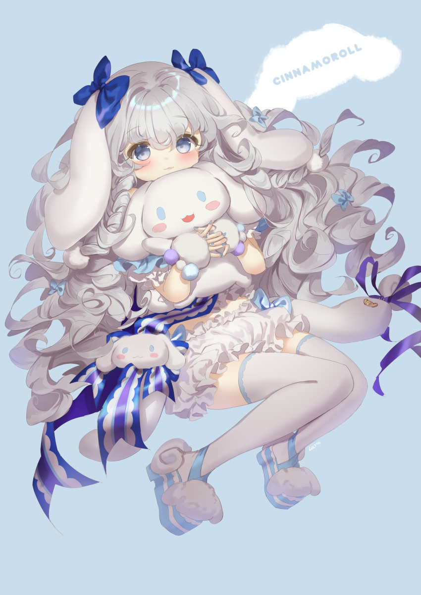 1girl absurdres animal_ears blue_bow blue_eyes blue_nails blue_ribbon blush bow cinnamoroll closed_mouth eyebrows_visible_through_hair genderswap genderswap_(mtf) grey_hair hair_bow hands_clasped highres holding holding_stuffed_animal long_hair looking_at_viewer mullpull nail_polish own_hands_together rabbit_ears ribbon sanrio smile solo stuffed_animal stuffed_toy thigh-highs twintails white_legwear