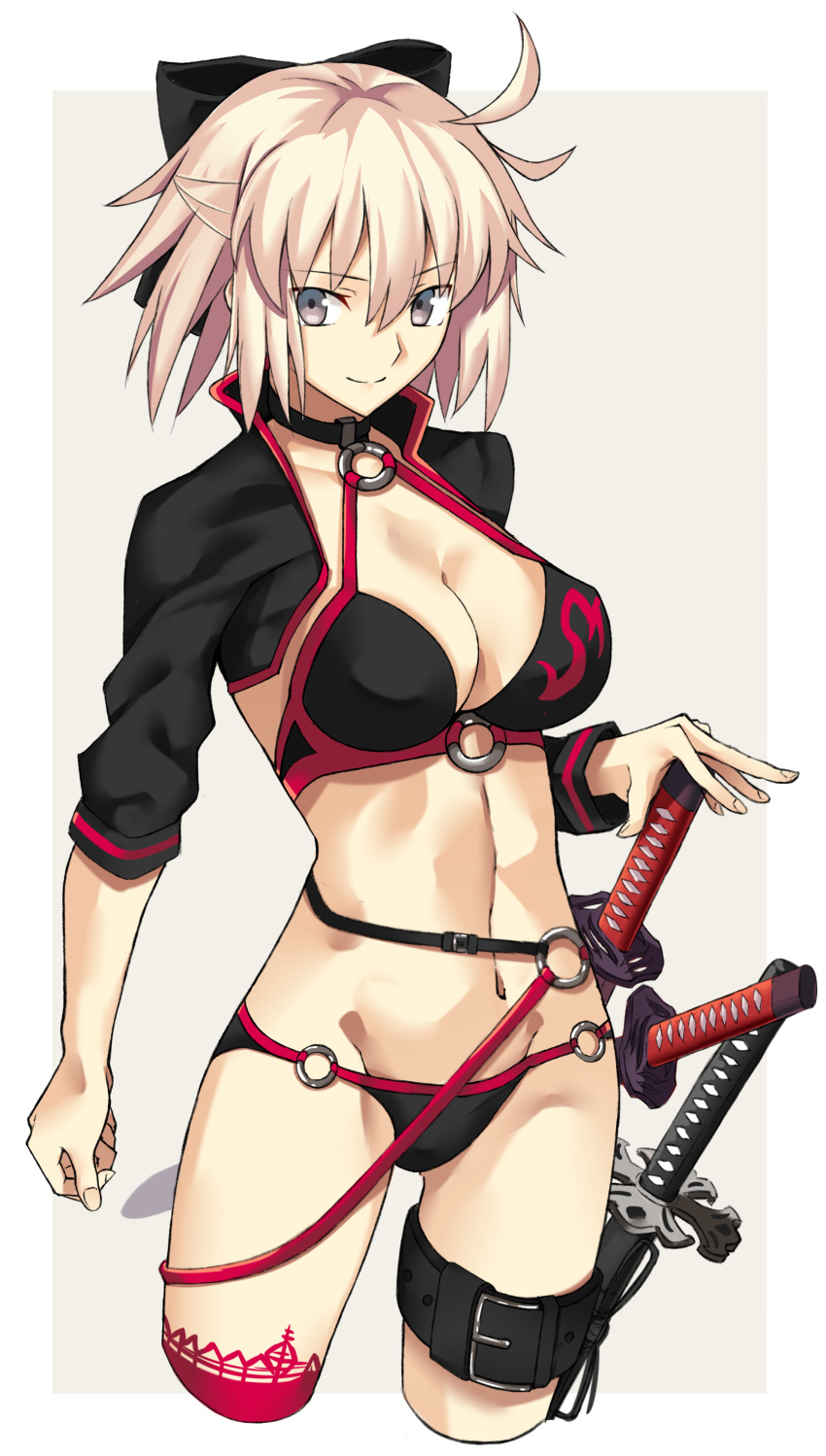 1girl absurdres ahoge bangs bikini black_bikini black_bow black_choker black_jacket blonde_hair blush bow breasts choker cleavage collarbone commentary_request cosplay cowboy_shot cropped_jacket cropped_legs eyebrows_visible_through_hair fate/grand_order fate_(series) grey_eyes hair_between_eyes hair_bow hair_ribbon highres jacket jeanne_d'arc_(alter_swimsuit_berserker) jeanne_d'arc_(alter_swimsuit_berserker)_(cosplay) jeanne_d'arc_(fate)_(all) katana koha-ace large_breasts looking_at_viewer midriff navel o-ring o-ring_bikini o-ring_bottom o-ring_top okita_souji_(fate) okita_souji_(fate)_(all) red_legwear ribbon shrug_(clothing) single_thighhigh smile solo standing stomach swimsuit sword thigh-highs thighs waist weapon yuchio