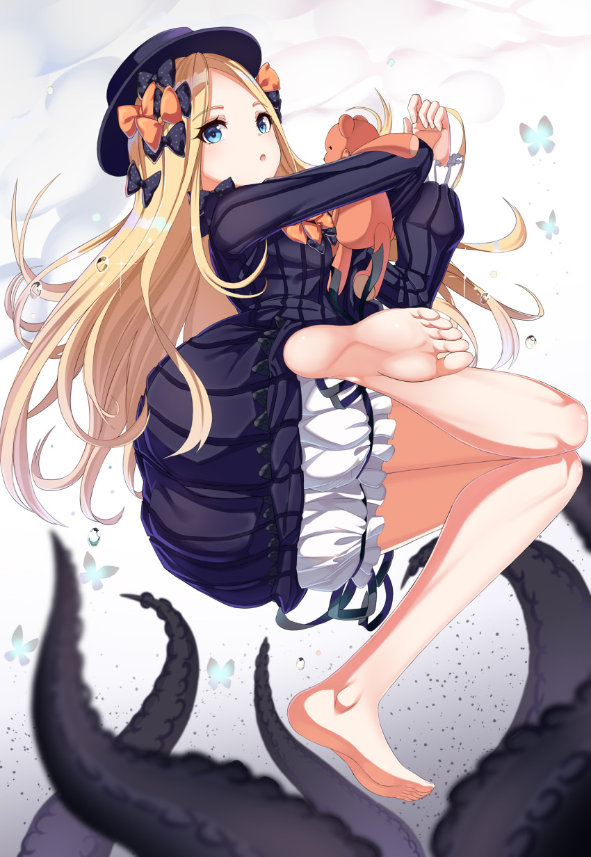 1girl abigail_williams_(fate/grand_order) ass bangs barefoot black_bow black_dress black_hat blonde_hair blue_eyes blush bow bug butterfly dress fate/grand_order fate_(series) feet forehead gatari hair_bow hat highres insect legs long_hair looking_at_viewer object_hug open_mouth orange_bow parted_bangs polka_dot polka_dot_bow soles solo stuffed_animal stuffed_toy teddy_bear tentacle thighs toes white_bloomers