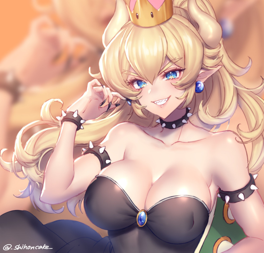 1girl armband bare_shoulders black_collar black_dress blonde_hair bowsette bracelet breasts cleavage collar dress earrings grin highres horns jewelry large_breasts super_mario_bros. new_super_mario_bros._u_deluxe nintendo pointy_ears sakura_shiho sharp_teeth shell smile solo spiked_armlet spiked_bracelet spiked_collar spikes strapless strapless_dress super_crown teeth upper_body