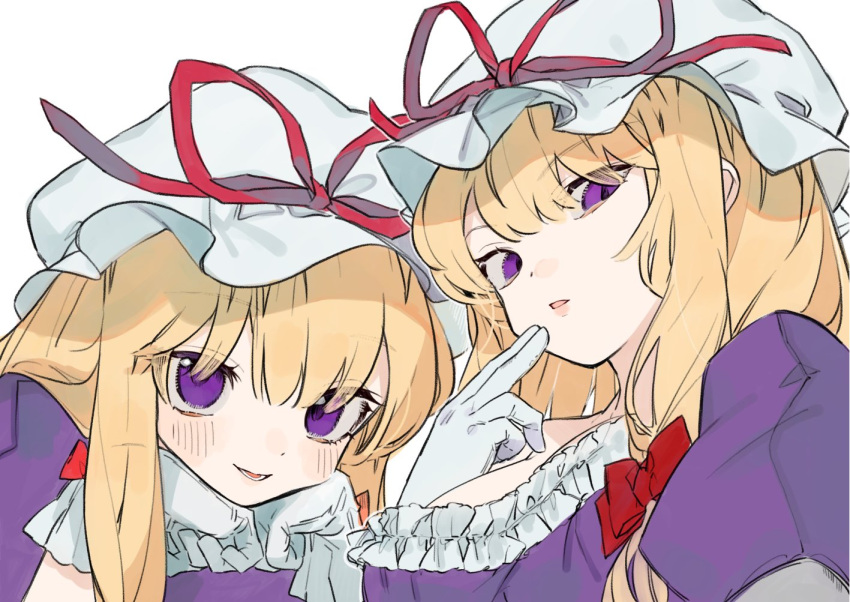 2girls bangs blonde_hair blush bow breasts commentary_request dress dual_persona eyebrows_visible_through_hair frilled_dress frills gloves gotoh510 hair_between_eyes hair_bow hand_up hands_up hat hat_ribbon large_breasts long_hair looking_at_viewer mob_cap multiple_girls parted_lips puffy_short_sleeves puffy_sleeves purple_dress red_bow red_ribbon ribbon short_sleeves simple_background smile touhou upper_body violet_eyes white_background white_gloves white_hat yakumo_yukari